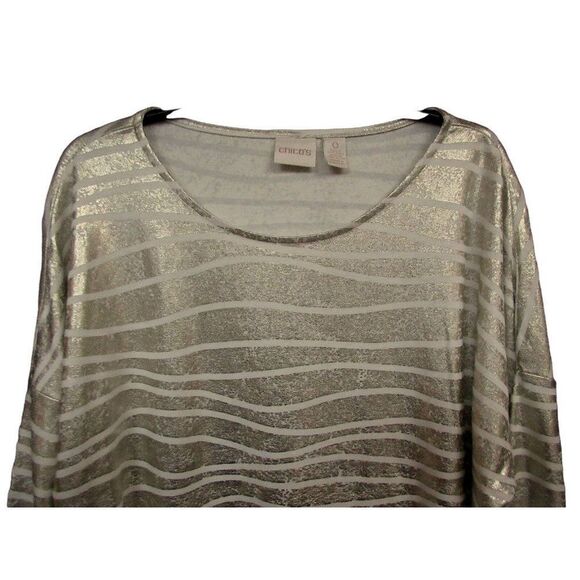 Chico's Metallic Wavy Stripe Gold White Top Sz 0 Ruched Sides Pullover Stretch - Picture 2 of 9